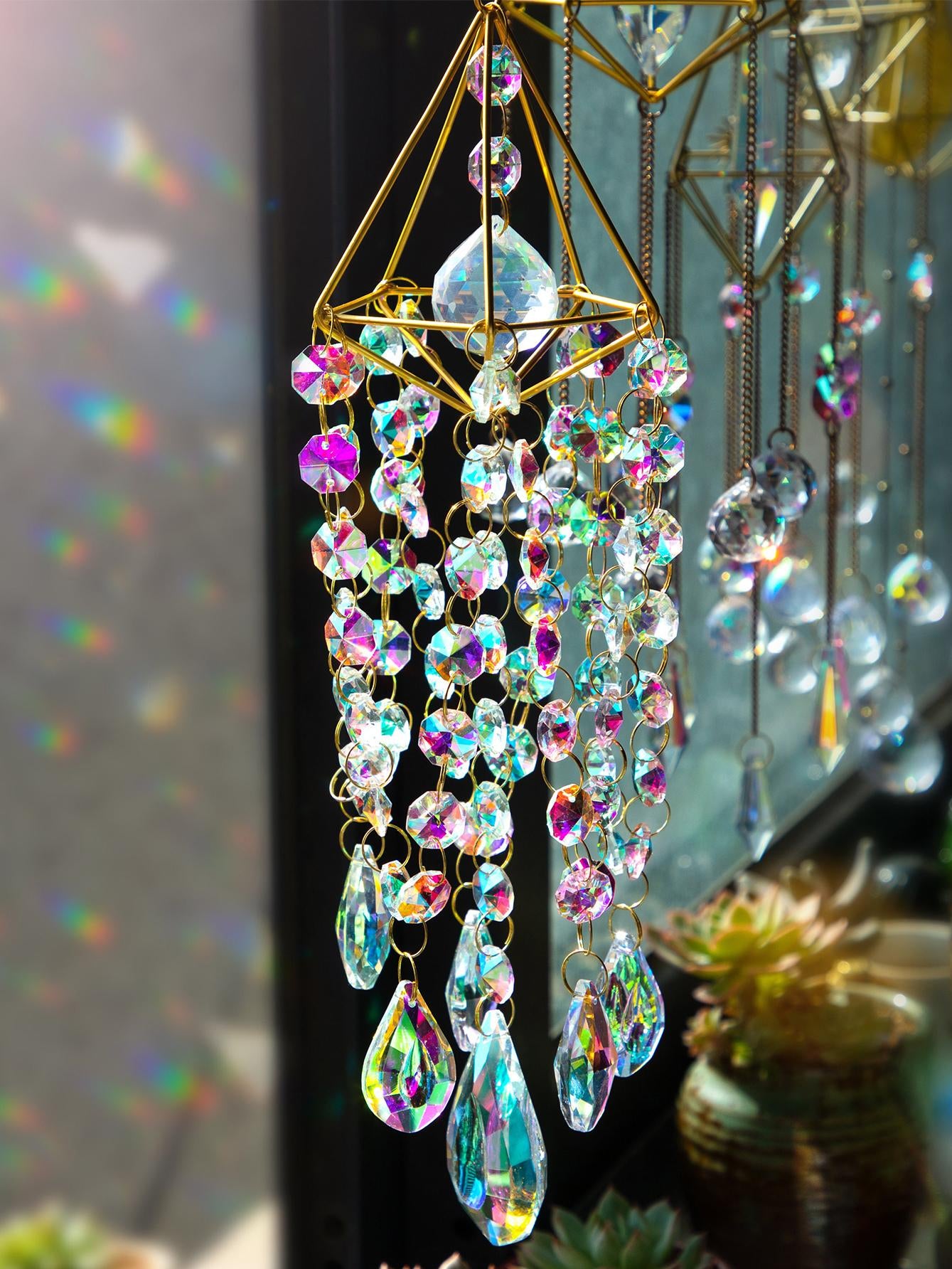 Rainbow Crystal Wind Chime: Fantasy Suncatcher for Windows