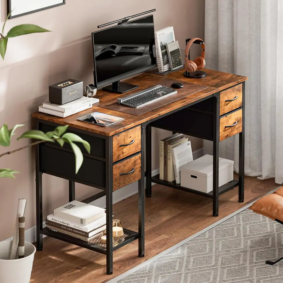 Office Desk with Drawers and Mesh Storage Shelf