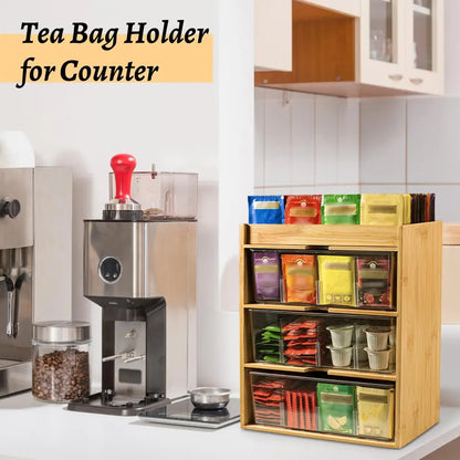 Bamboo Tea Bag Organizer With Drawer 3 Layer
