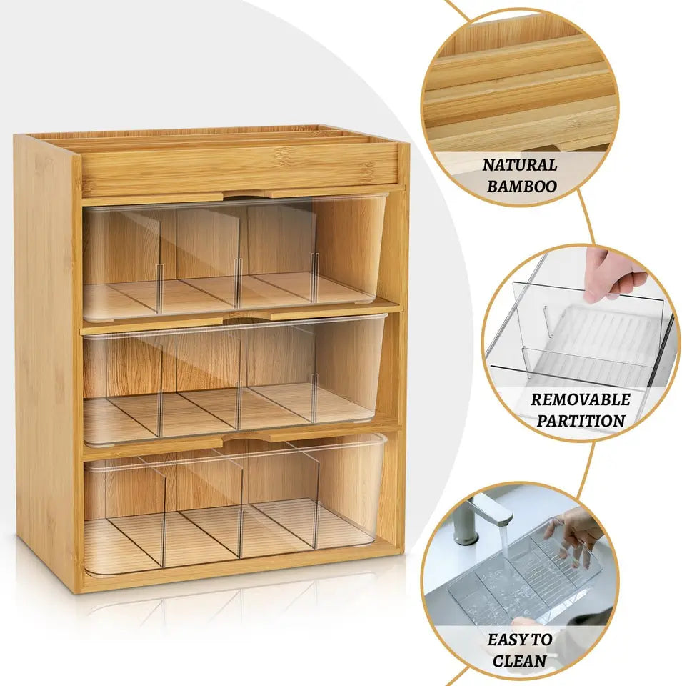 Bamboo Tea Bag Organizer With Drawer 3 Layer