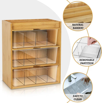 Bamboo Tea Bag Organizer With Drawer 3 Layer