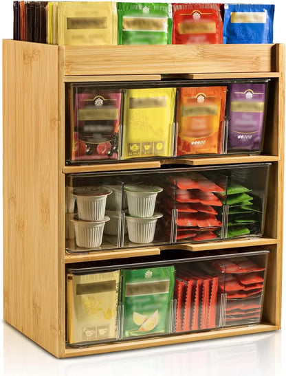 Bamboo Tea Bag Organizer With Drawer 3 Layer